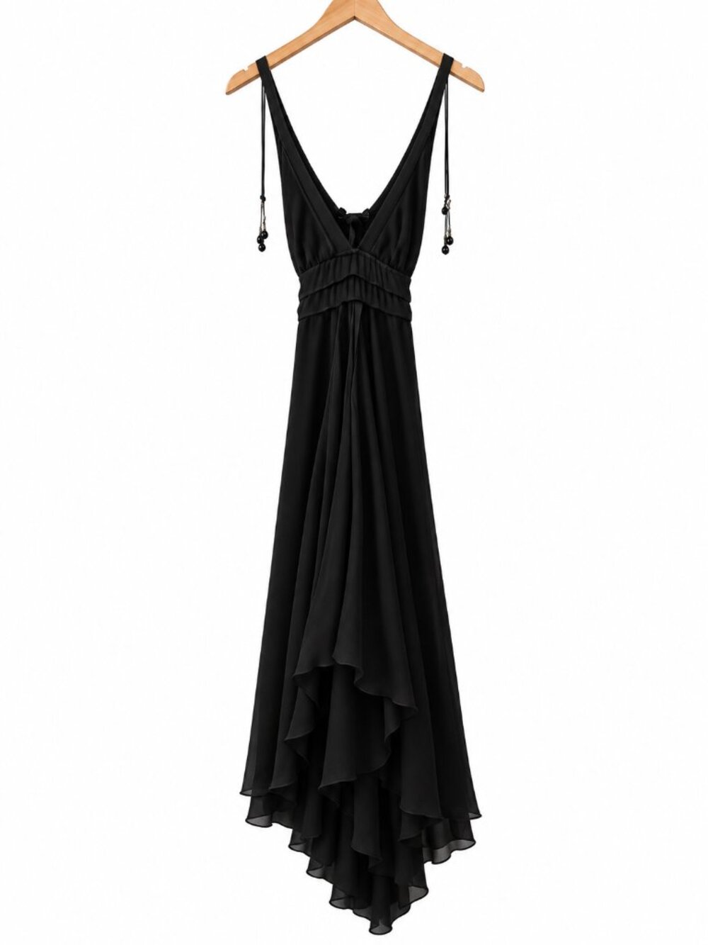 Bebe Black Rayon Silk Beaded Cross Back Deep V Asymmetrical Y2K Maxi Dress XS